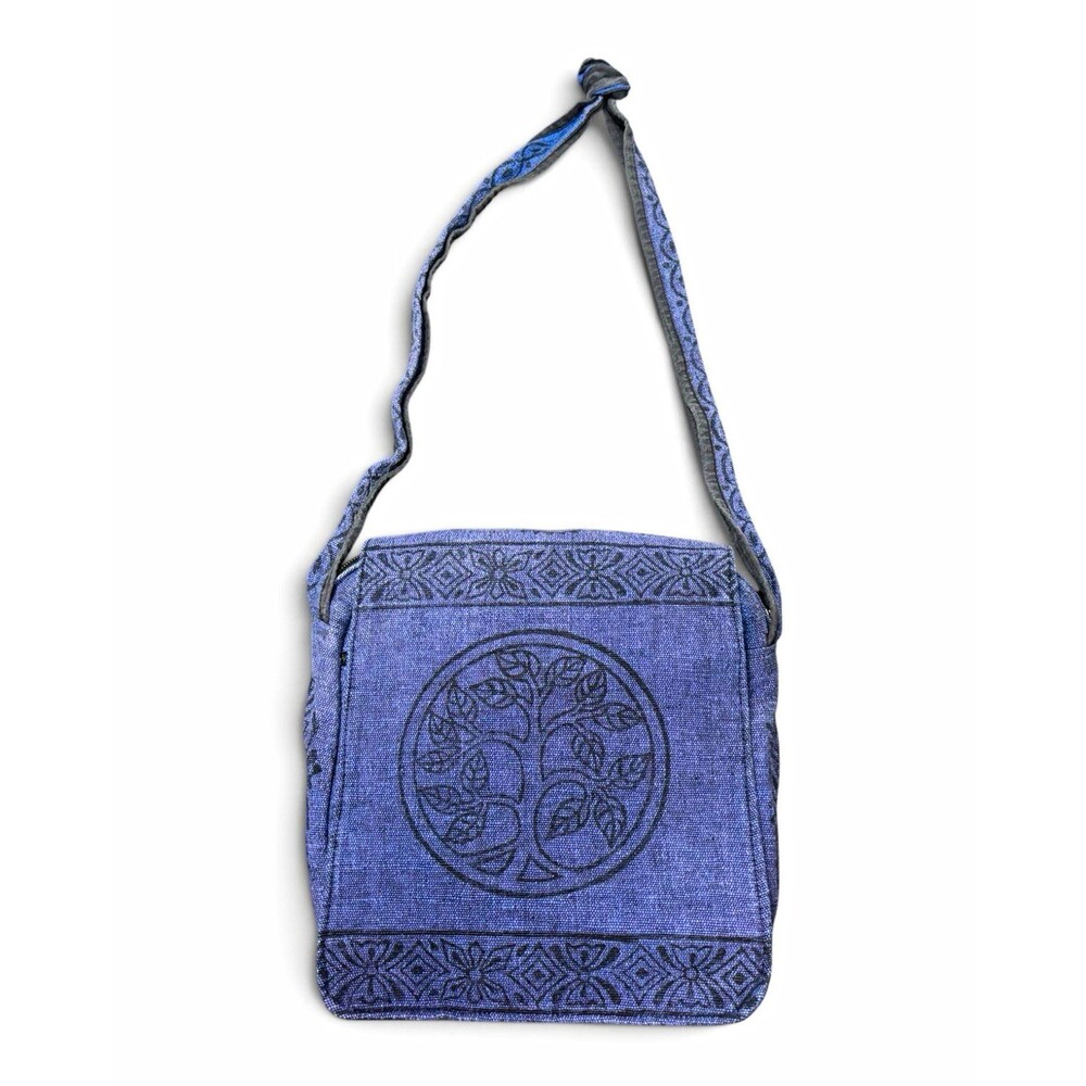 Ganesh Himal Handmade Blue Canvas Crossbody Bag Boho Tree of Life Hummingbird